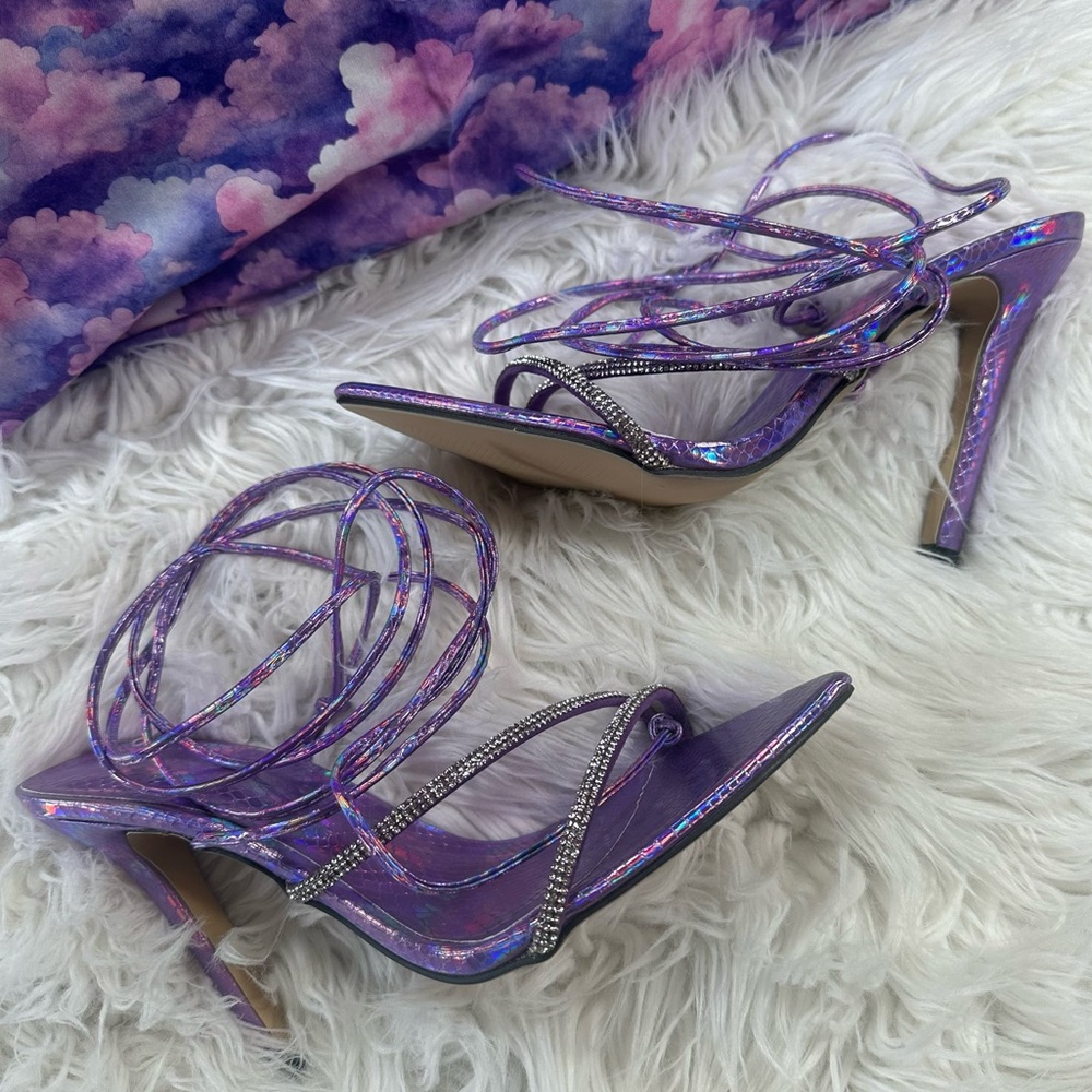Dolls Kill • Iridescent Pointy Open Toe Wrap Up Stilettos with Rhinestones - Picture 11 of 14